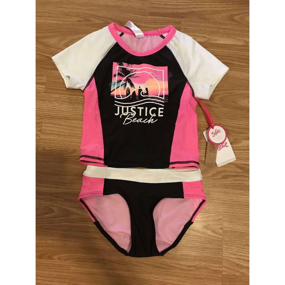 Justice Girls' S/P Short Sleeve Swim Set UPF 50+ Pink/Black/White Beach Rash